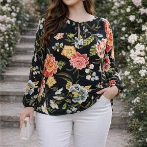 LOFT Black Floral Blouse with Multicolor Blooms